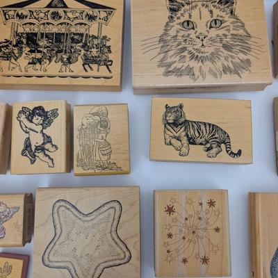 Vintage Rubber Stamp Lot Carousel Cat Fruit Angels Fan Tiger Decorative Craft Stamps