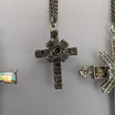Vintage Rhinestone Cross Necklace Lot of 3 Silver Tone Aurora Borealis and Clear Stones