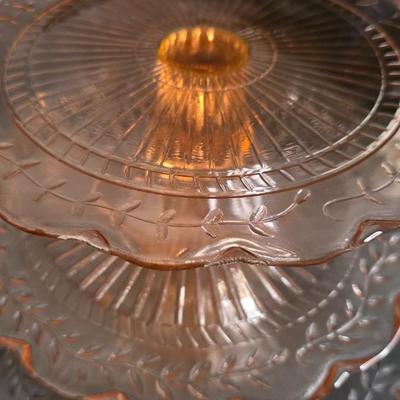 Vintage Pink Depression Glass Three-Tier Pedestal Server – Radiant Etched Laurel Pattern