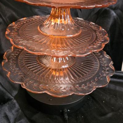 Vintage Pink Depression Glass Three-Tier Pedestal Server – Radiant Etched Laurel Pattern