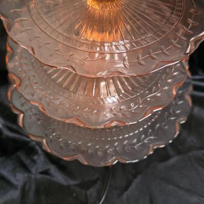 Vintage Pink Depression Glass Three-Tier Pedestal Server – Radiant Etched Laurel Pattern