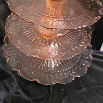 Vintage Pink Depression Glass Three-Tier Pedestal Server – Radiant Etched Laurel Pattern