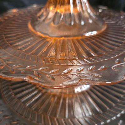 Vintage Pink Depression Glass Three-Tier Pedestal Server – Radiant Etched Laurel Pattern