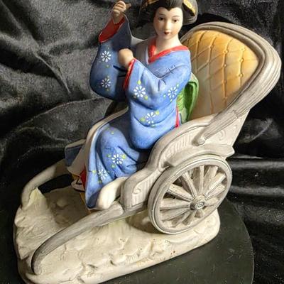 Vintage Porcelain Geisha in Rickshaw Figurine – Hand-Painted Traditional Kimono, Elegant Cultural Decor