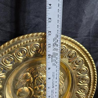 A Fruitful Display - Fruit themed lidded cookie jar - Brass wall plate - Wooden fruit bushel baskets = and a table runner with a fruit...