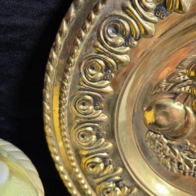 A Fruitful Display - Fruit themed lidded cookie jar - Brass wall plate - Wooden fruit bushel baskets = and a table runner with a fruit...