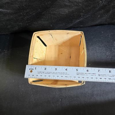 A Fruitful Display - Fruit themed lidded cookie jar - Brass wall plate - Wooden fruit bushel baskets = and a table runner with a fruit...