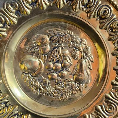 A Fruitful Display - Fruit themed lidded cookie jar - Brass wall plate - Wooden fruit bushel baskets = and a table runner with a fruit...