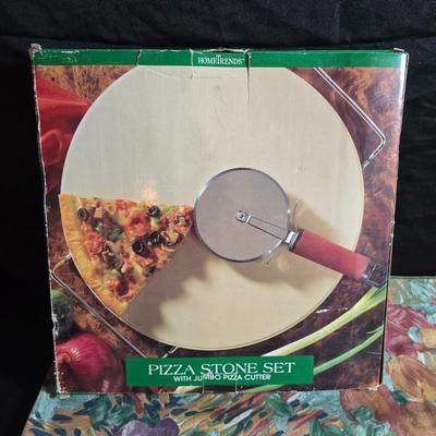 Brand new Hometrends Pizza stone with New 12" Beachwood chip n dip wither ceramic bowl and a tablecloth