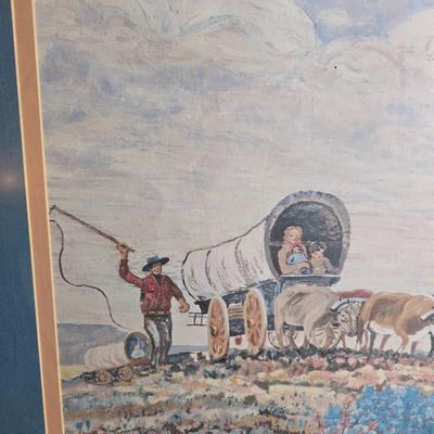 Robert Louis Stevenson Cowboy poster and a Framed A. Christen 1963 Oxen with covered wagon artwork