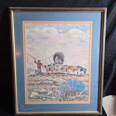 Robert Louis Stevenson Cowboy poster and a Framed A. Christen 1963 Oxen with covered wagon artwork