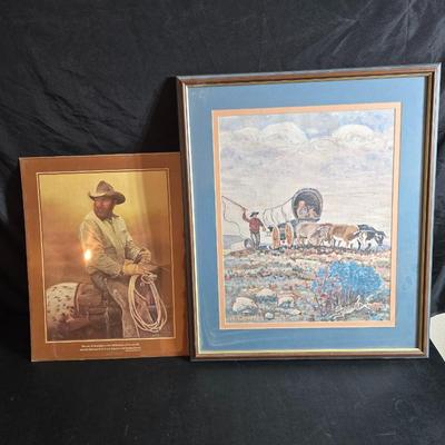 Robert Louis Stevenson Cowboy poster and a Framed A. Christen 1963 Oxen with covered wagon artwork