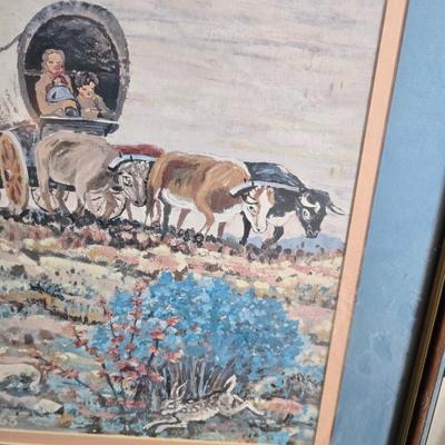 Robert Louis Stevenson Cowboy poster and a Framed A. Christen 1963 Oxen with covered wagon artwork