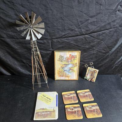 Free standing WITTROCK Metal Art Windmill 14.5", Signed Art Sculpture Wittrock 78, 1978 - with framed artwork, coasters and more