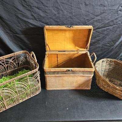 Antique Victorian miniature trunk with leaf embossed band - comes with two large baskets