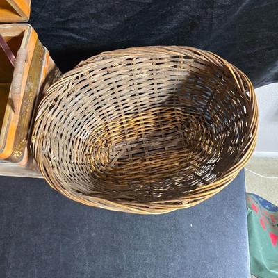 Antique Victorian miniature trunk with leaf embossed band - comes with two large baskets