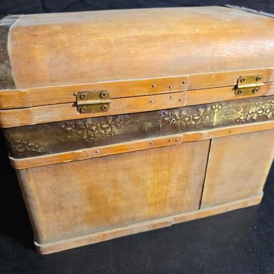 Antique Victorian miniature trunk with leaf embossed band - comes with two large baskets