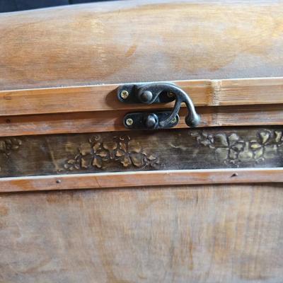 Antique Victorian miniature trunk with leaf embossed band - comes with two large baskets