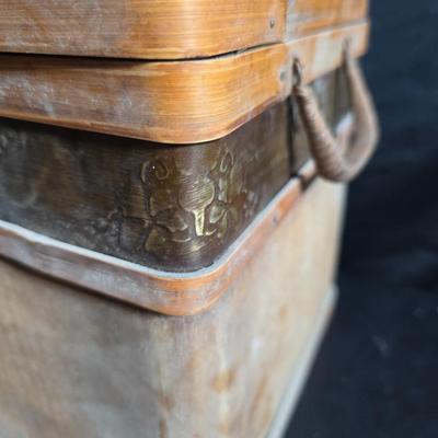 Antique Victorian miniature trunk with leaf embossed band - comes with two large baskets