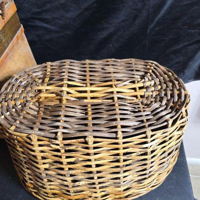 Antique Victorian miniature trunk with leaf embossed band - comes with two large baskets
