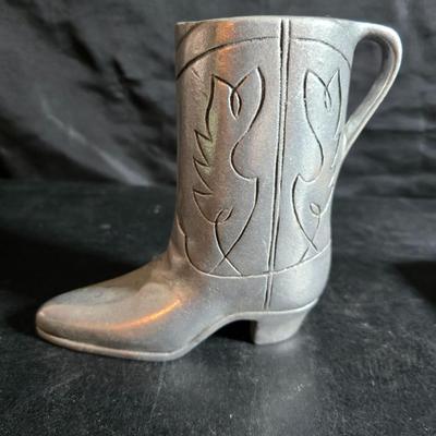 Western themed barbed wire cactus with barbed wire boot and star and a Wilton Armetale pewter cowboy boot pitcher.