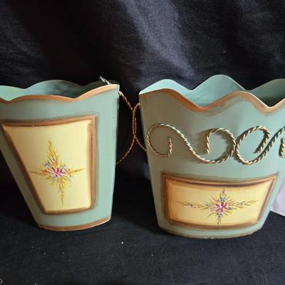 Two metal floral wall buckets with a Fairy, a suncatcher and a thermometer