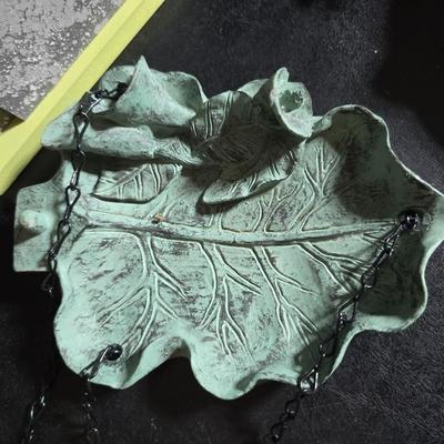 Bird house, small hanging leaf bird feeder/bath, large tin lizard and a glass flower vase