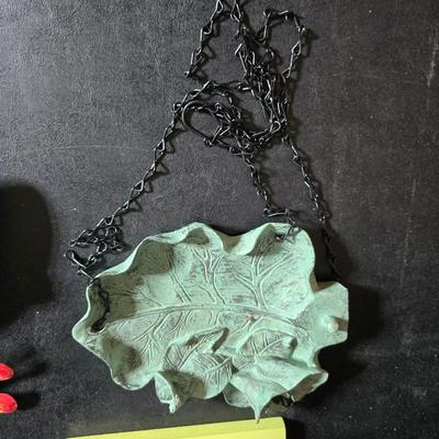 Bird house, small hanging leaf bird feeder/bath, large tin lizard and a glass flower vase