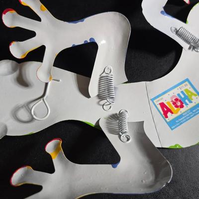 Bird house, small hanging leaf bird feeder/bath, large tin lizard and a glass flower vase