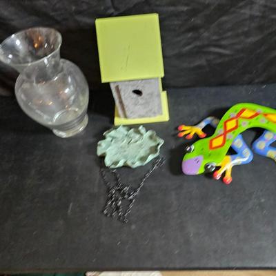 Bird house, small hanging leaf bird feeder/bath, large tin lizard and a glass flower vase