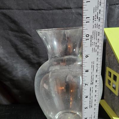 Bird house, small hanging leaf bird feeder/bath, large tin lizard and a glass flower vase