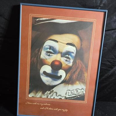 Framed Clown wall art - 1979 Hallmark cards Inc. PTR250 With George Good Corporation pewter clown figurine playing an accordion.