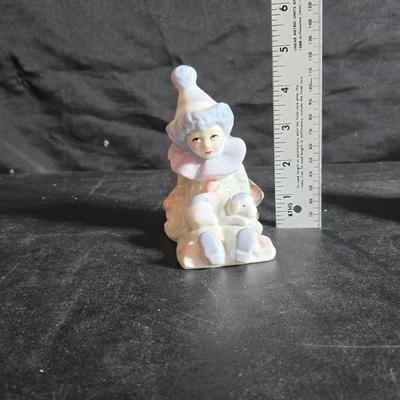 Clowning around!! Pierrot Clown with Puppy porcelain figurine & a San Francisco Music box Company porcelain Harlequin or Pierrot...