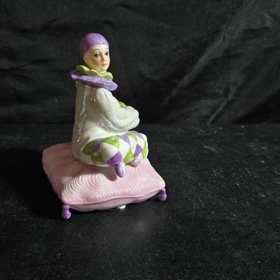 Clowning around!! Pierrot Clown with Puppy porcelain figurine & a San Francisco Music box Company porcelain Harlequin or Pierrot...
