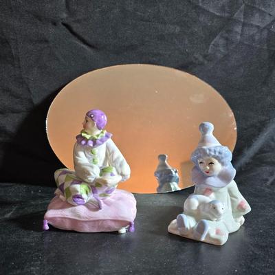 Clowning around!! Pierrot Clown with Puppy porcelain figurine & a San Francisco Music box Company porcelain Harlequin or Pierrot...