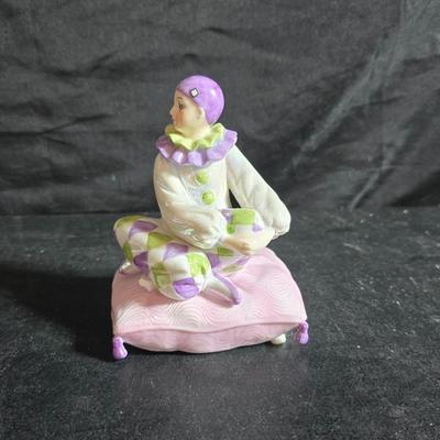 Clowning around!! Pierrot Clown with Puppy porcelain figurine & a San Francisco Music box Company porcelain Harlequin or Pierrot...