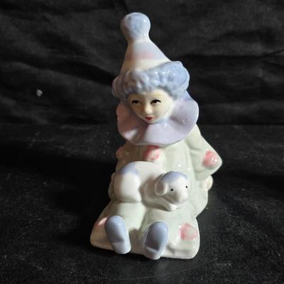 Clowning around!! Pierrot Clown with Puppy porcelain figurine & a San Francisco Music box Company porcelain Harlequin or Pierrot...