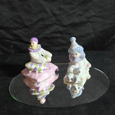 Clowning around!! Pierrot Clown with Puppy porcelain figurine & a San Francisco Music box Company porcelain Harlequin or Pierrot...