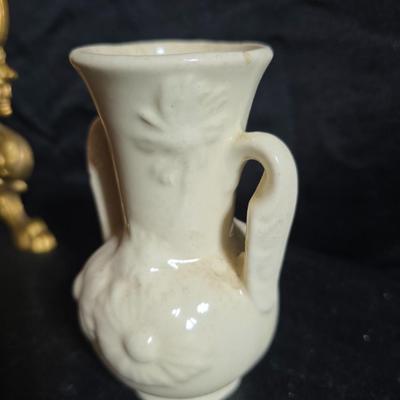 Antique cast metal gold guild clock face frame with Saja China dish - four small, vintage ceramic cups with leaf like handles and a small...