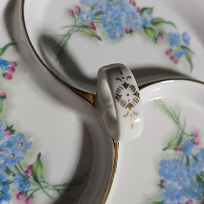 Antique cast metal gold guild clock face frame with Saja China dish - four small, vintage ceramic cups with leaf like handles and a small...