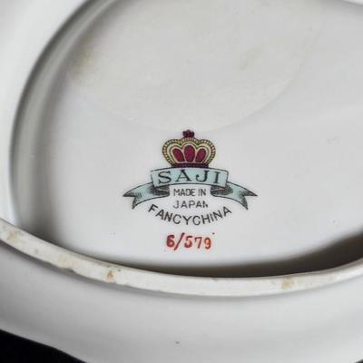 Antique cast metal gold guild clock face frame with Saja China dish - four small, vintage ceramic cups with leaf like handles and a small...