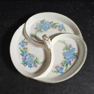 Antique cast metal gold guild clock face frame with Saja China dish - four small, vintage ceramic cups with leaf like handles and a small...