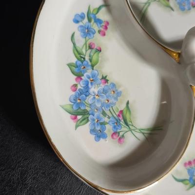 Antique cast metal gold guild clock face frame with Saja China dish - four small, vintage ceramic cups with leaf like handles and a small...