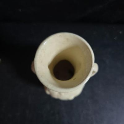 Antique cast metal gold guild clock face frame with Saja China dish - four small, vintage ceramic cups with leaf like handles and a small...