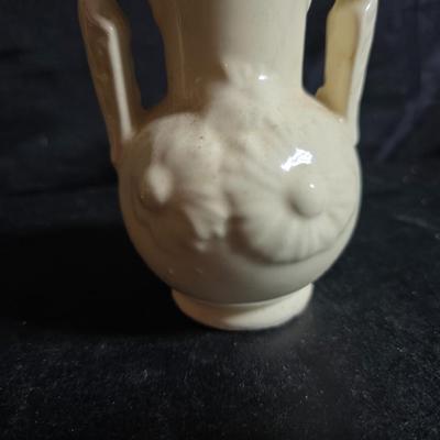 Antique cast metal gold guild clock face frame with Saja China dish - four small, vintage ceramic cups with leaf like handles and a small...