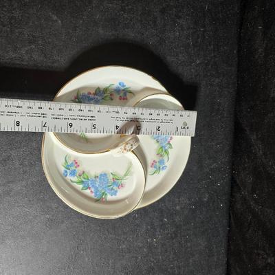 Antique cast metal gold guild clock face frame with Saja China dish - four small, vintage ceramic cups with leaf like handles and a small...