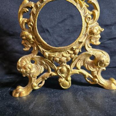 Antique cast metal gold guild clock face frame with Saja China dish - four small, vintage ceramic cups with leaf like handles and a small...