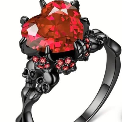 DAT - Size 9 - Gothic Black Double Skull Ring with Red Heart-Shaped Rhinestone