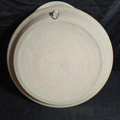 Vintage studio pottery bowl and pie plate / platter with feathers on it