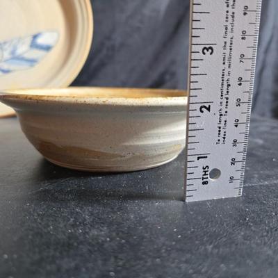 Vintage studio pottery bowl and pie plate / platter with feathers on it